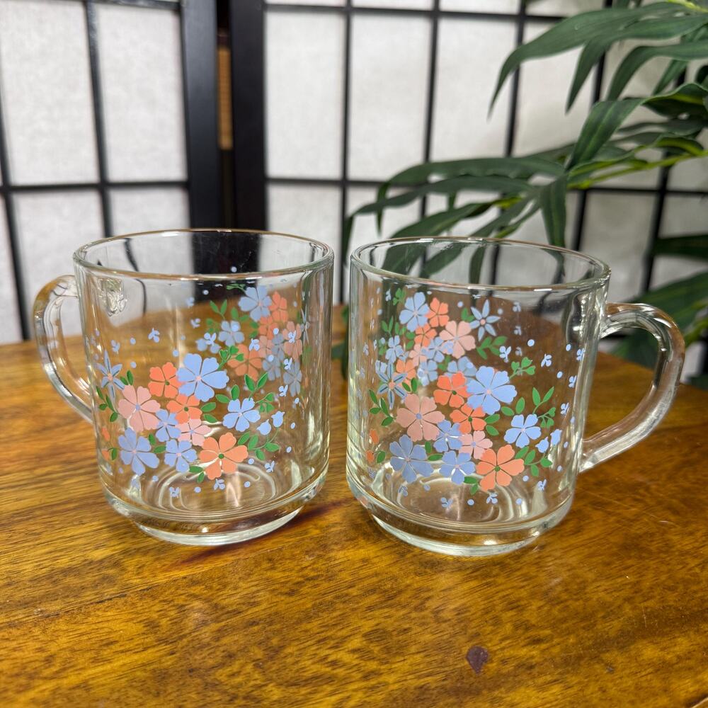 Vintage Luminarc Glass Mugs Set Floral Cottage/ Homestead Style